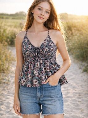 American Eagle Floral Smocked Flowy Cami Top Size M Peplum Crisscross Straps